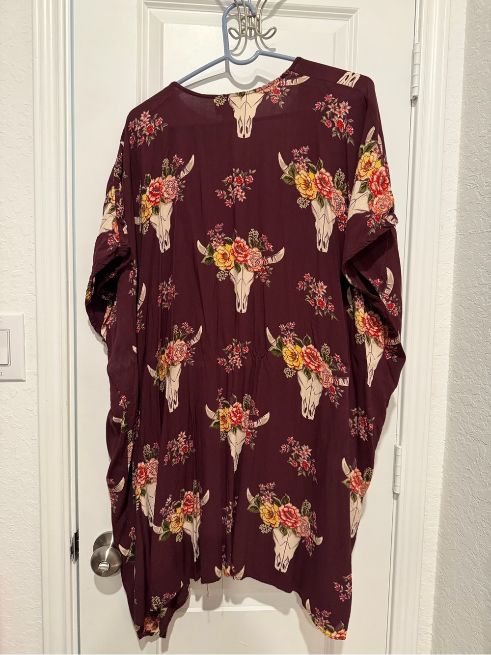 Angie Burgundy Bull Skull Floral Duster – Size Small